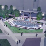 A rendering of the new Copley Square, featuring the fountain and walkways around it.