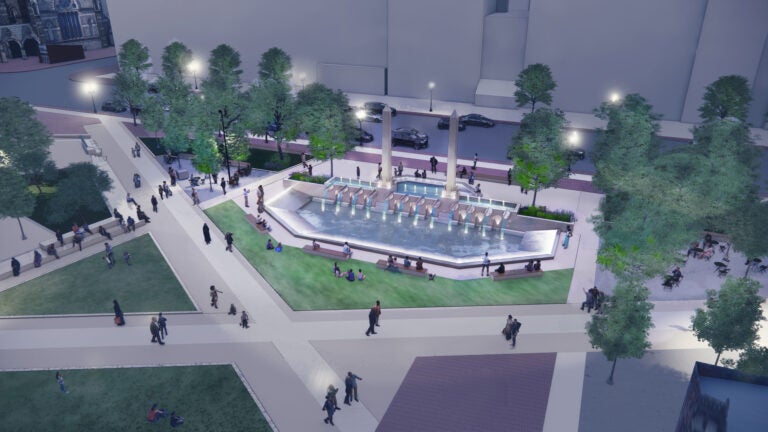 A rendering of the new Copley Square, featuring the fountain and walkways around it.