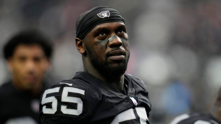 Las Vegas Raiders defensive end Chandler Jones (55) warms up before an NFL football game against the New England Patriots, Monday, Dec. 19, 2022, in Las Vegas. Las Vegas Raiders defensive end Chandler Jones indicated in since-deleted social media posts on Tuesday, Sept. 5, 2023, that he no longer wanted to play for coach Josh McDaniels and general manager David Ziegler.