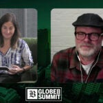 Rainn Wilson and Boston Globe reporter Sabrina Shankman chat during the 2023 Globe Summit.