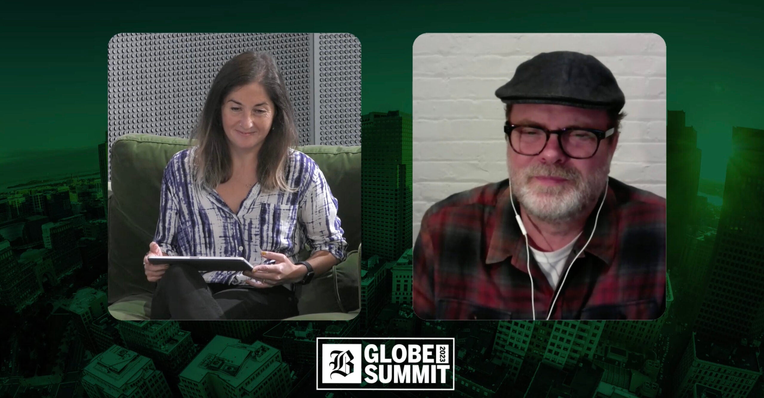 Rainn Wilson and Boston Globe reporter Sabrina Shankman chat during the 2023 Globe Summit.