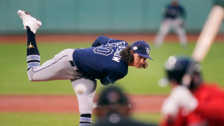 Tampa Bay Rays starting pitcher Tyler Glasnow throws the ball from the mound.