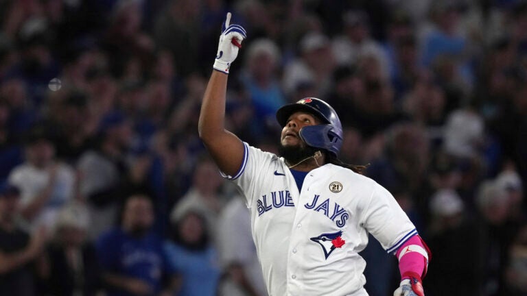 Vladimir Guerrero Jr. takes shot with custom Toronto Blue Jays jersey