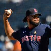 Boston Red Sox relief pitcher Kenley Jansen throws to a Kansas City Royals batter during the ninth inning of a baseball game, Sunday, Sept. 3, 2023, in Kansas City, Mo.