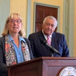 Massachusetts Senate President Karen Spilka, left, and Massachusetts House Speaker Ronald Mariano, both Democrats, unveiled a tax relief package, Tuesday, Sept. 26, 2023, at the Statehouse, in Boston.