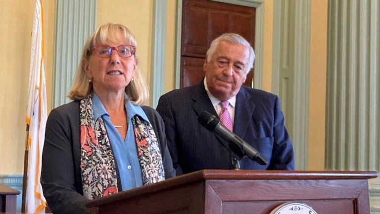 Massachusetts Senate President Karen Spilka, left, and Massachusetts House Speaker Ronald Mariano, both Democrats, unveiled a tax relief package, Tuesday, Sept. 26, 2023, at the Statehouse, in Boston.