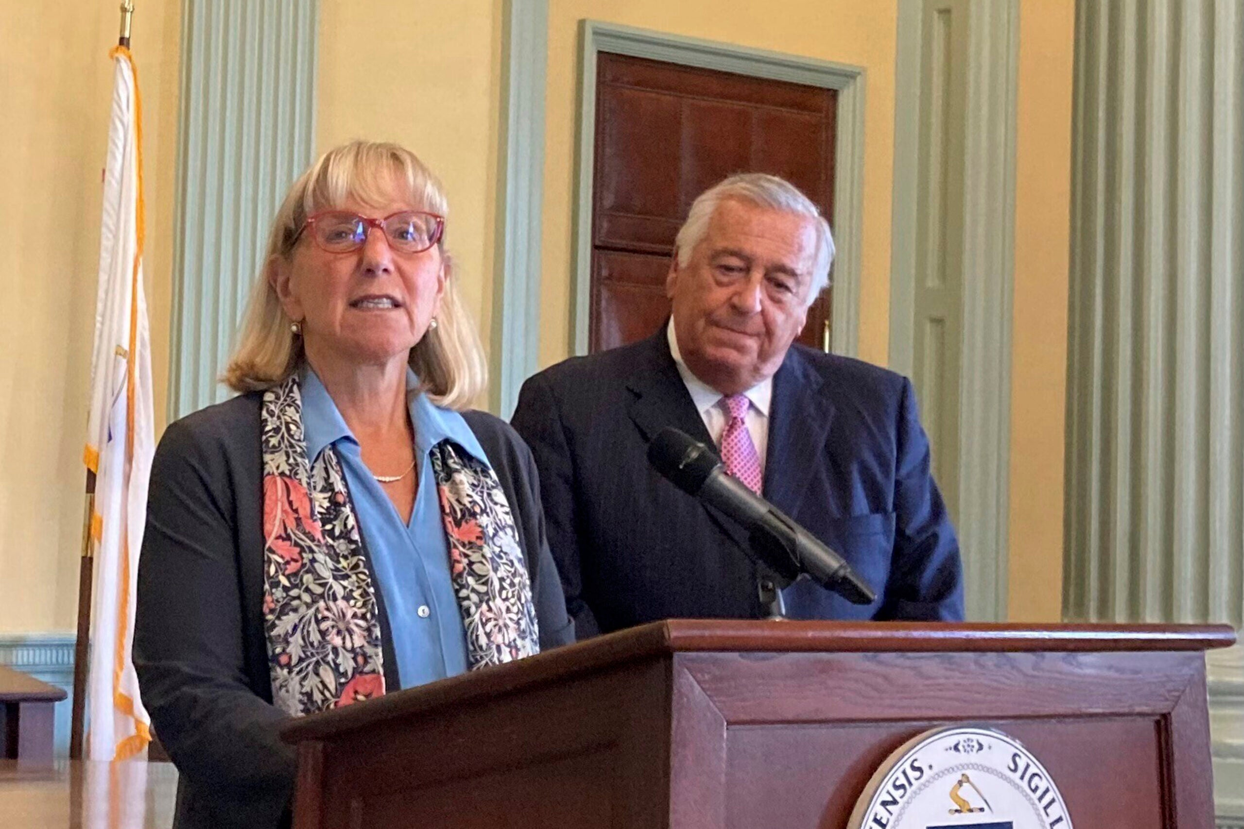 Massachusetts Senate President Karen Spilka, left, and Massachusetts House Speaker Ronald Mariano, both Democrats, unveiled a tax relief package, Tuesday, Sept. 26, 2023, at the Statehouse, in Boston.