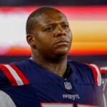 New England Patriots offensive tackle Trent Brown (77) reacts during the first half of an NFL pre-season football game against the Houston Texans, Thursday, Aug. 10, 2023, in Foxborough, Mass.