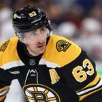 Brad Marchand #63 of the Boston Bruins looks on during the third period against the Washington Capitals at TD Garden on April 11, 2023 in Boston, Massachusetts. The Bruins defeat the Capitals 5-2, setting the new NHL record for most points in a single season with 133.