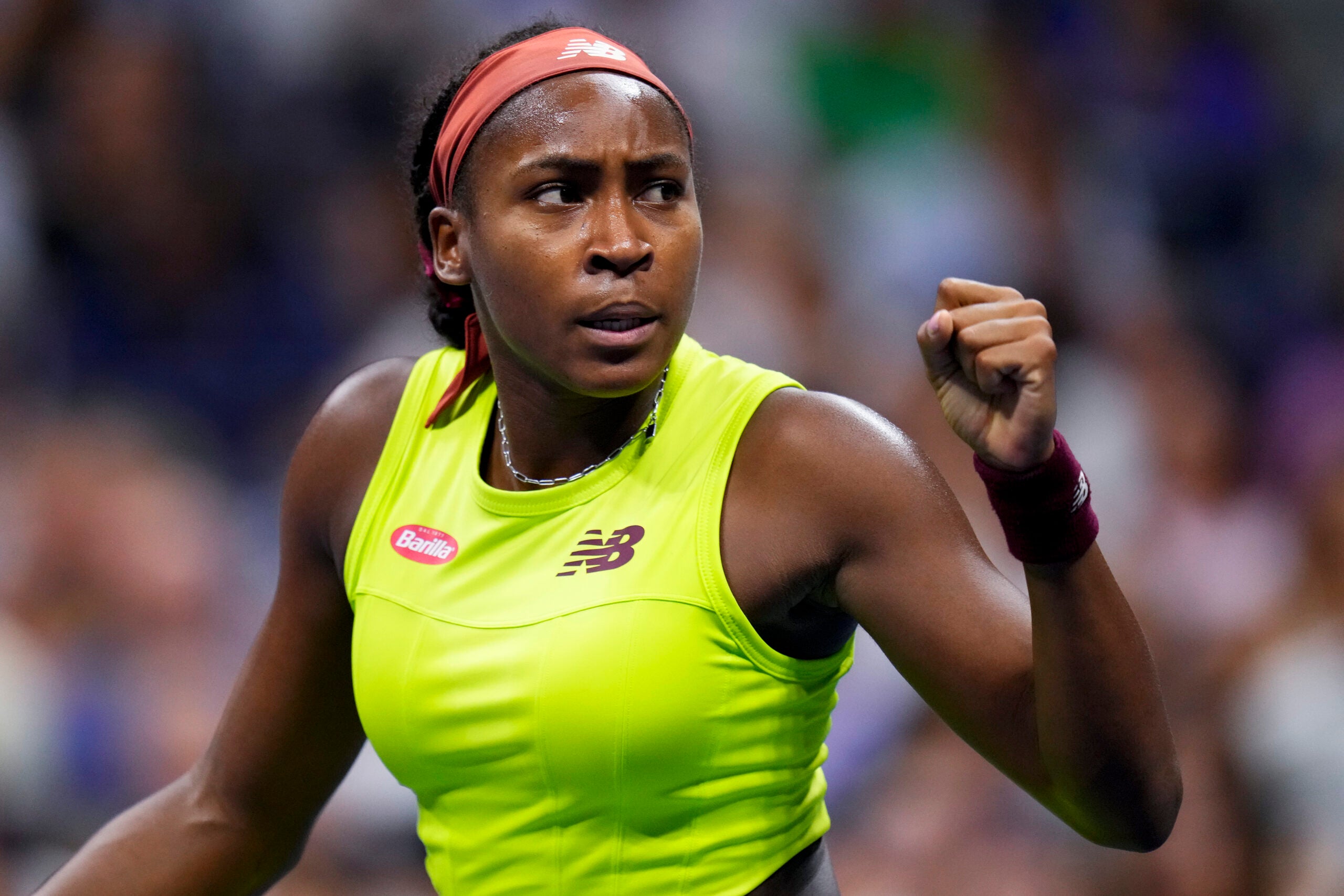 Coco Gauff, of the United States, reacts during a match.