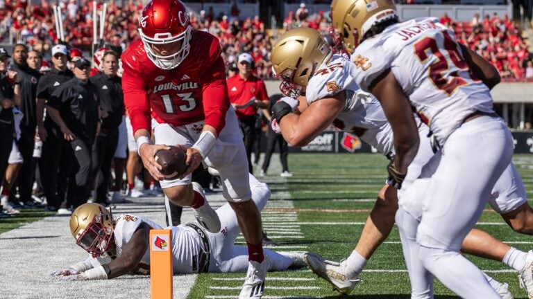 November 8, 2014: A general view of Louisville Cardinals' football tights  during the NCAA football game between the Boston College Eagles and Louisville  Cardinals at Alumni Stadium. Louisville defeated Boston College 38-19.