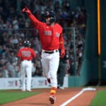 Boston Red Sox's Ceddanne Rafaela gestures as he nears the plate on a home run against the New York Yankees during the second inning of the second game of a baseball doubleheader Tuesday, Sept. 12, 2023, in Boston.