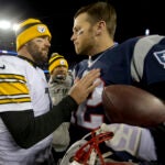New England Patriots quarterback Tom Brady shaking hands with Pittsburg Steelers quarterback Ben Roethlisberger after the Patriots defeated the Steelers 55-31 at Gillette Stadium on Sunday November 3, 2013.