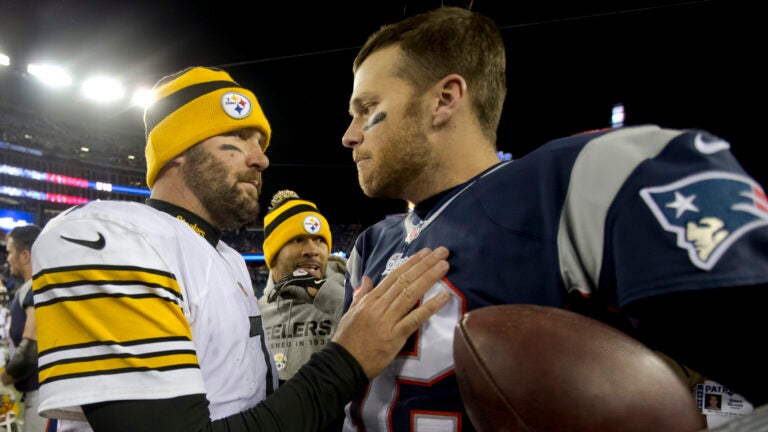 New England Patriots quarterback Tom Brady shaking hands with Pittsburg Steelers quarterback Ben Roethlisberger after the Patriots defeated the Steelers 55-31 at Gillette Stadium on Sunday November 3, 2013.