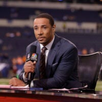 Analyst Rodney Harrison talks on set before an NFL football game between the Indianapolis Colts and Denver Broncos in Indianapolis, Thursday, Dec. 14, 2017.