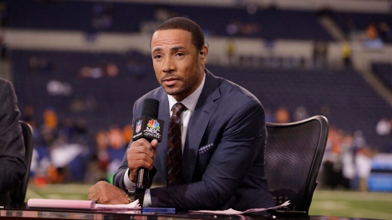 Analyst Rodney Harrison talks on set before an NFL football game between the Indianapolis Colts and Denver Broncos in Indianapolis, Thursday, Dec. 14, 2017.