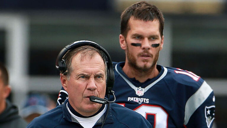 With only three days off betwen games, Patriots quarterback Tom Brady (rear) and head coach Bill Belichick (front) will have very little time to get ready for Thursday night's game vs the Dolphins. They are pictured on the sidelines during Sunday's game vs. the Jets. The New England Patriots hosted the New York Jets in a regular season NFL football game at Gillette Stadium.