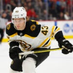 Boston Bruins center Danton Heinen (43) plays against the Detroit Red Wings in the first period of an NHL hockey game Sunday, Feb. 9, 2020, in Detroit.