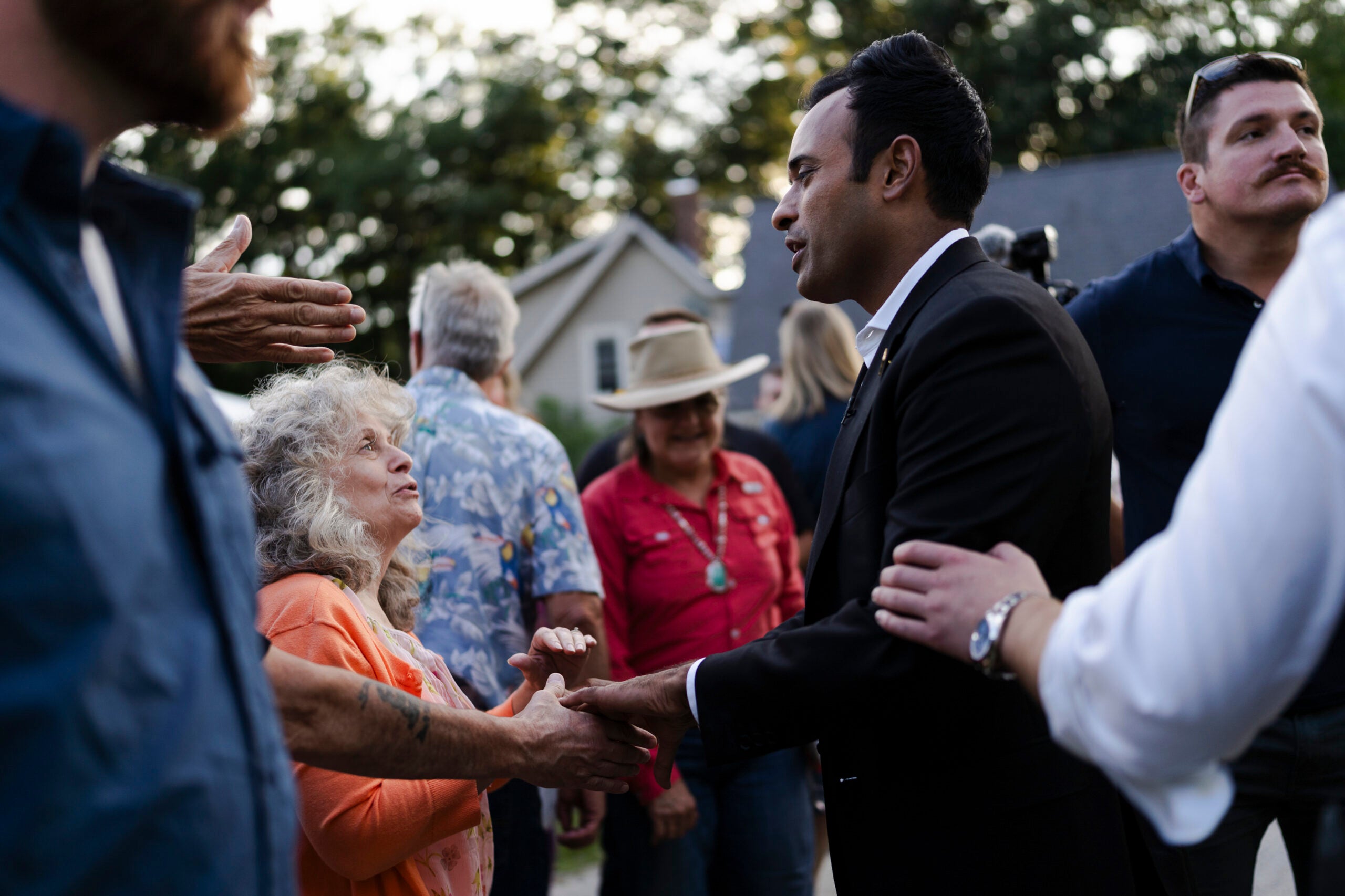 Vivek Ramaswamy, a candidate for the Republican presidential nomination, greets voters.