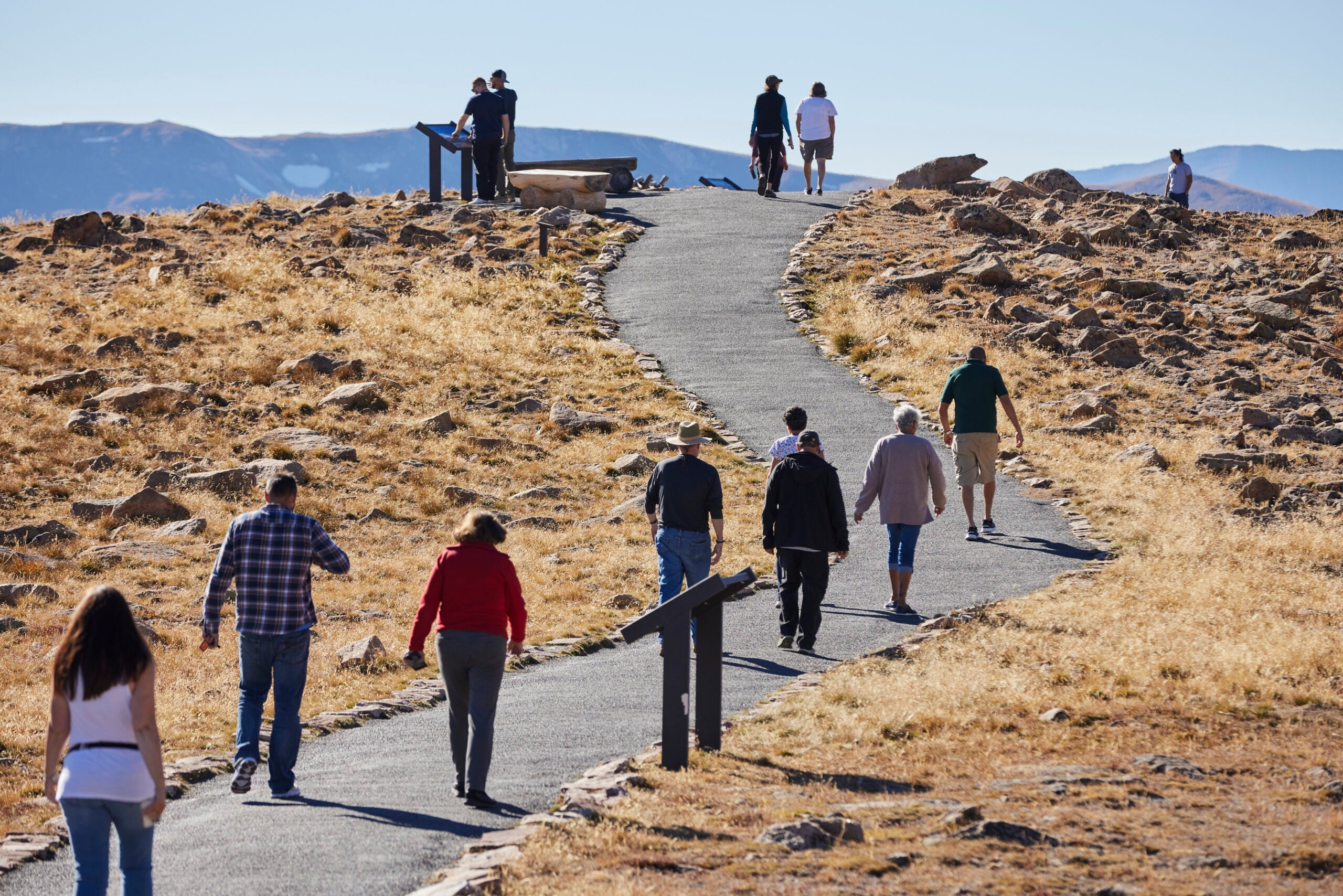 Visitors at Forest Canyon Overlook inside Rocky Mountain National Park in Colorado.