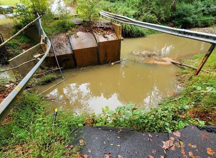 An unmarked, collapsed bridge in Hickory, North Carolina.
