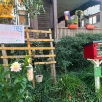A Little Free Plant Library stands next to a red, traditional Little Free Library with books in front of the former St. Luke's and St. Margaret's Church on St. Luke's Road in Allston.