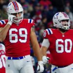 Guard Cole Strange (69) and New England Patriots center David Andrews (60) during the second quarter. The New England Patriots host the Buffalo Bills in a NFL Thursday night game December 1, 2022 at Gillette stadium in Foxborough, MA.