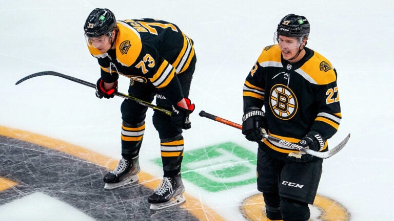 Boston Bruins defenseman Hampus Lindholm (27) returned from the injured list also seen here with Boston Bruins defenseman Charlie McAvoy (73). The Boston Bruins host the New York Rangers in a Garden matinee in Boston, MA on April 23, 2022.