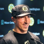 Boston Bruins Brad Marchand was all smiles as he spoke to the media after being chosen as the new team captain. The Boston Bruins held press conferences at the Warrior Ice Arena at the start of their training camp there.