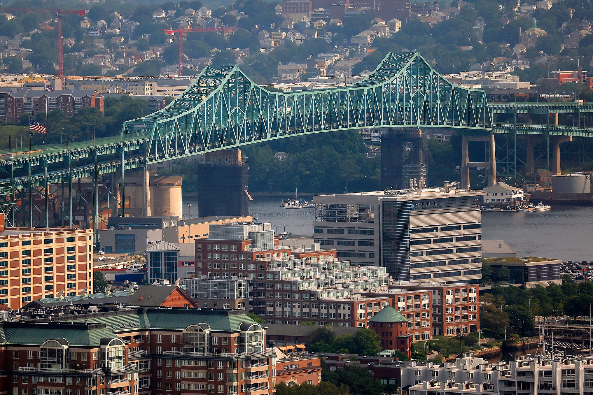 A picture of the green Tobin Bridge, which connects Chelsea to Charlestown across the Mystic River.