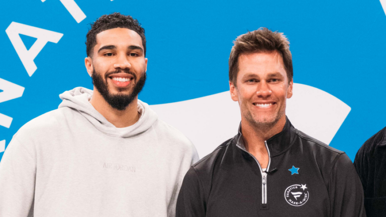 Jayson Tatum, Tom Brady, and Aaron Judge at Fanatics Make-a-Wish charity event in New York, October 2023.