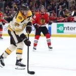 David Pastrnak of the Bruins scores a goal against the Chicago Blackhawks during the third period.