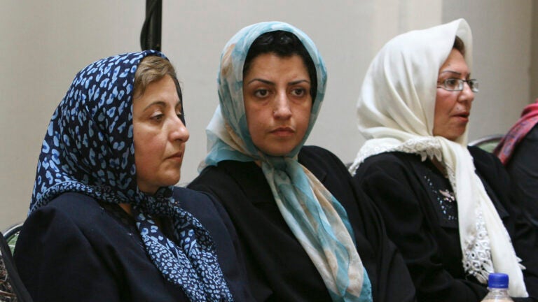 Prominent Iranian human rights activist Narges Mohammadi sits next to Iranian Nobel Peace Prize laureate Shirin Ebadi.