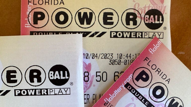 Powerball lottery tickets on display.