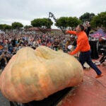 Travis Gienger of Anoka, Minn., reacts after winning the Safeway 50th annual World Championship Pumpkin Weigh-Off in Half Moon Bay, Calif.