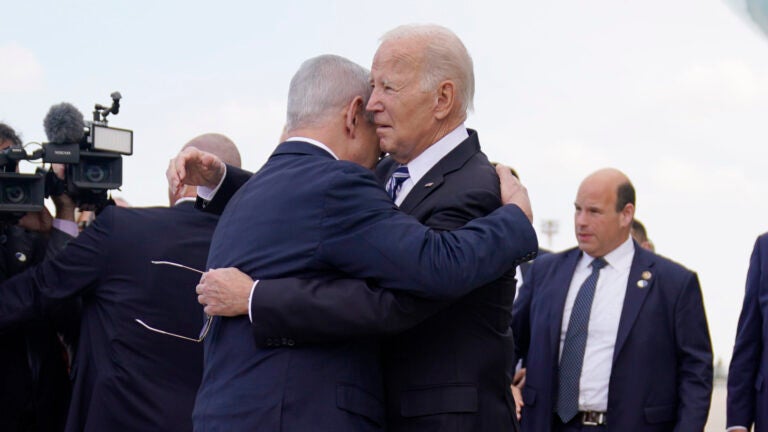 President Joe Biden is greeted by Israeli Prime Minister Benjamin Netanyahu.