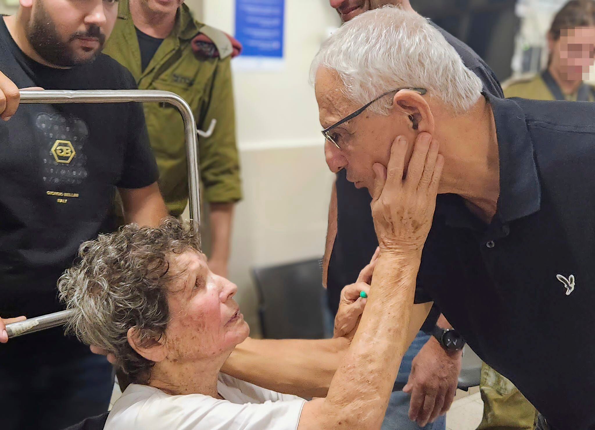 Yocheved Lifshitz, one of the two women released from Hamas captivity, meets people at the hospital in Tel Aviv, Israel.