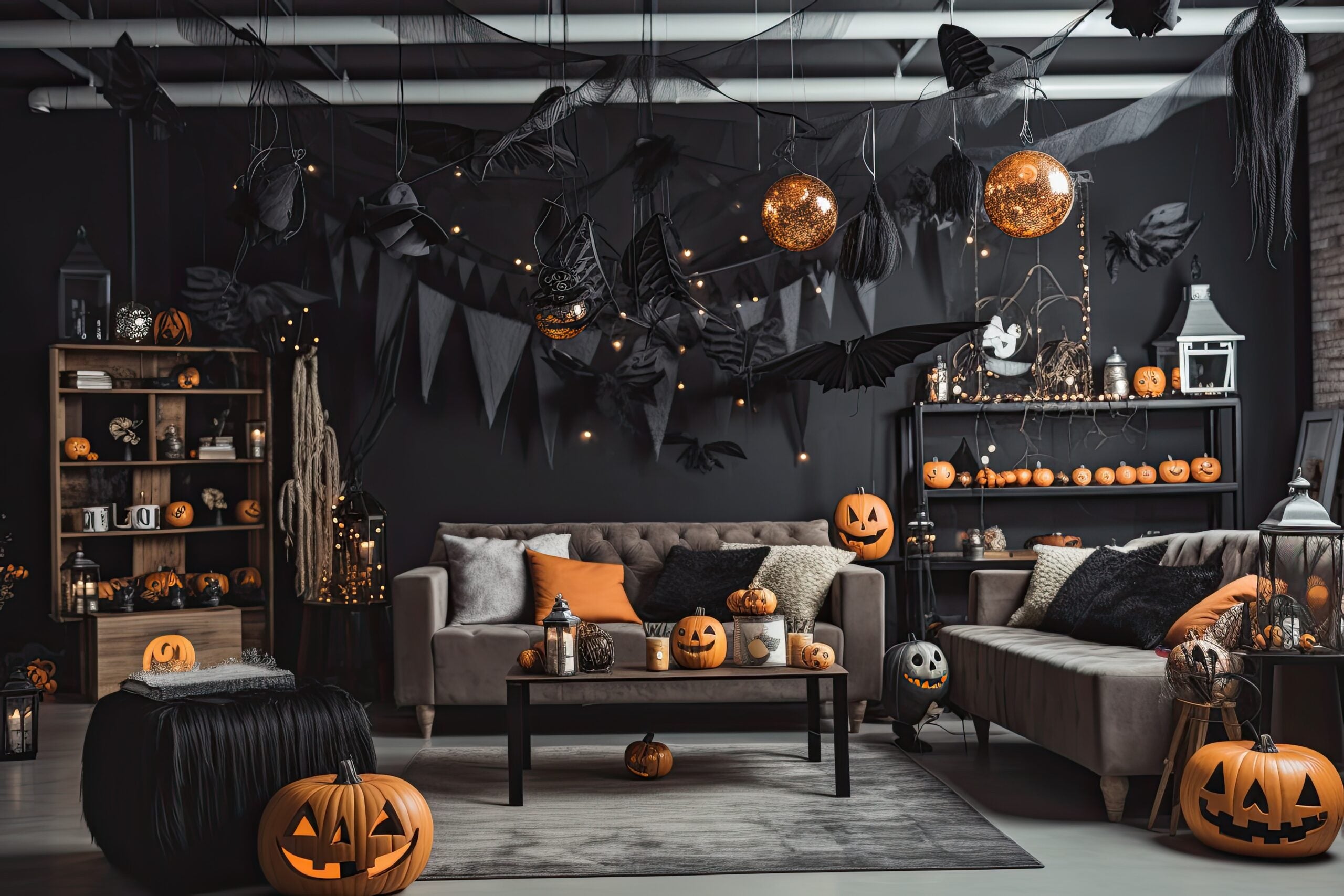 Halloween decorations in living room with couch, skull, pumpkin, candles. Creative modern design interior. Generative AI.