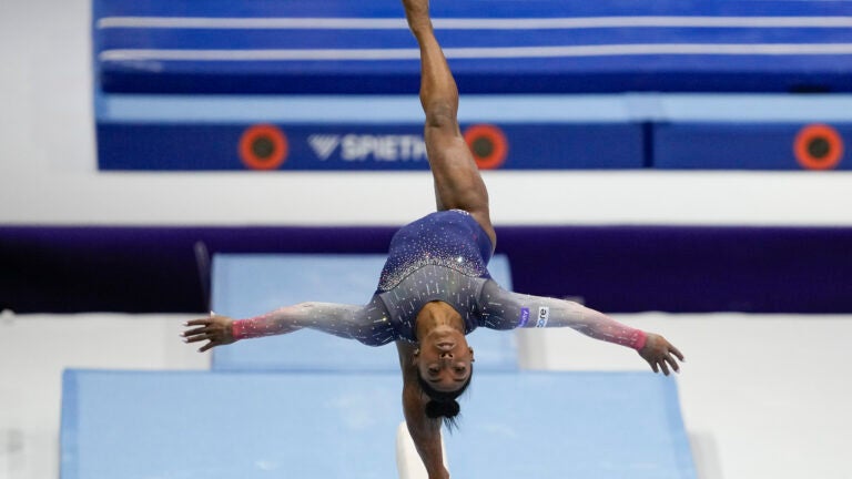 United States' Simone Biles competes on the beam.