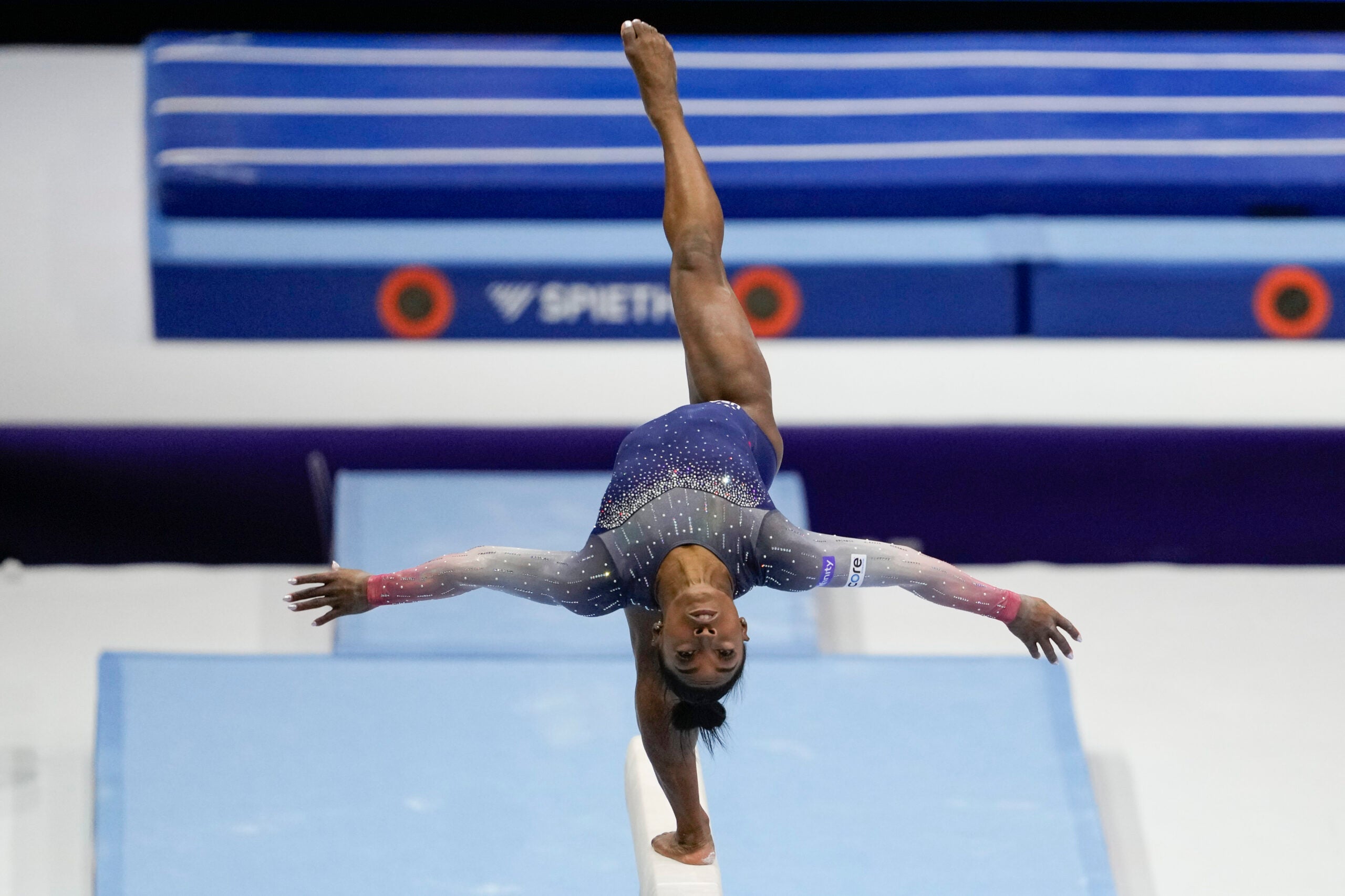 United States' Simone Biles competes on the beam.