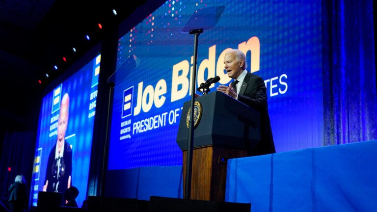 President Joe Biden speaks at the 2023 Human Rights Campaign National Dinner.