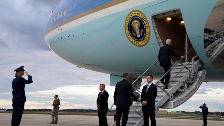 President Joe Biden boards Air Force One for a trip to Israel, Tuesday, Oct. 17, 2023, at Andrews Air Force Base, Md.