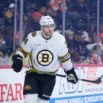 Boston Bruins' Jake DeBrusk plays during a preseason NHL hockey game, Monday, Oct. 2, 2023, in Philadelphia.