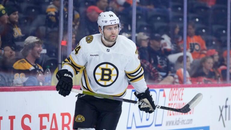 Boston Bruins' Jake DeBrusk plays during a preseason NHL hockey game, Monday, Oct. 2, 2023, in Philadelphia.