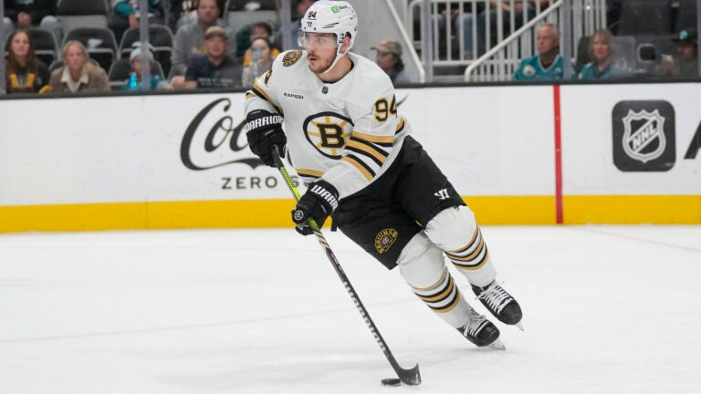 Boston Bruins center Jakub Lauko during an NHL hockey game against the San Jose Sharks in San Jose, Calif., Thursday, Oct. 19, 2023.