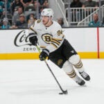 Boston Bruins center Jakub Lauko during an NHL hockey game against the San Jose Sharks in San Jose, Calif., Thursday, Oct. 19, 2023.