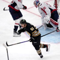 Boston Bruins center Matthew Poitras (51) celebrates his goal against the Washington Capitals during the third period of a preseason NHL hockey game Tuesday, Oct. 3, 2023, in Boston.