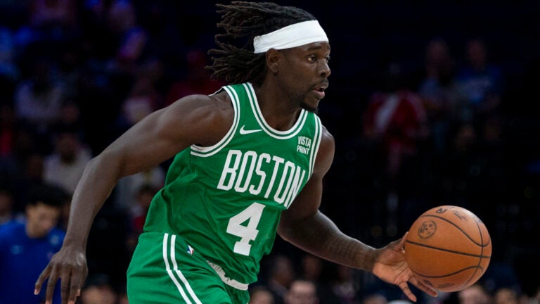 Boston Celtics' Jrue Holiday in action during the preseason NBA basketball game against the Philadelphia 76ers, Wednesday, Oct. 11, 2023, in Philadelphia. The Celtics won 112- 101.