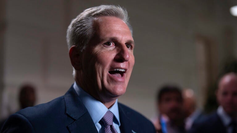 Speaker of the House Kevin McCarthy, R-Calif., talks to reporters.