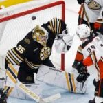 The tying goal by Anaheim Ducks' Troy Terry, not shown, gets past Boston Bruins' Linus Ullmark (35) during the third period of an NHL hockey game, Thursday, Oct. 26, 2023, in Boston.